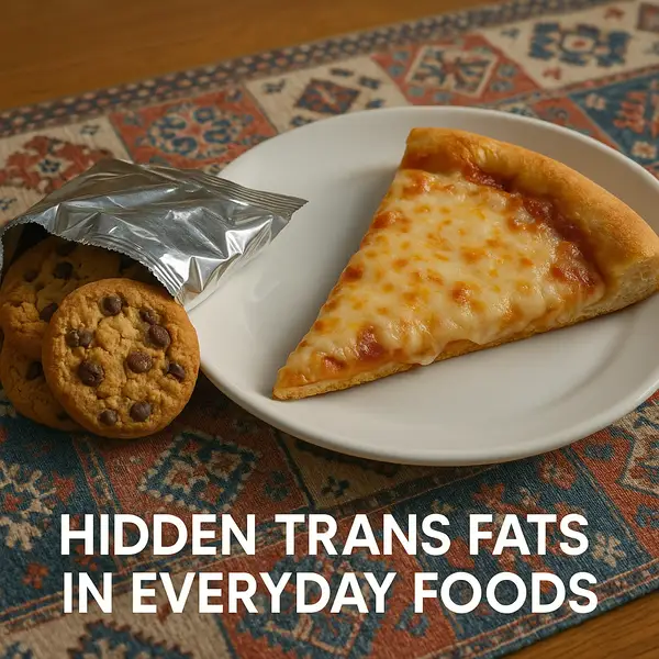 Illustration of processed snacks representing hidden dietary trans fats in common American foods, used to highlight nutrition awareness and healthier choices.