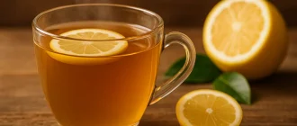 A steaming glass cup of lemon tea with floating lemon slice, surrounded by fresh lemon halves on a wooden surface