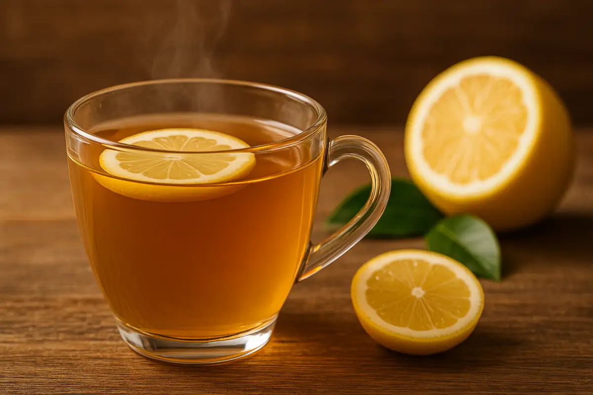 A steaming glass cup of lemon tea with floating lemon slice, surrounded by fresh lemon halves on a wooden surface