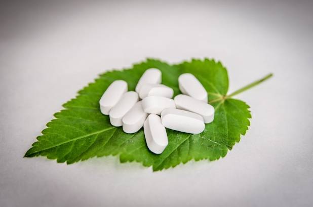 Pills on a green leaf