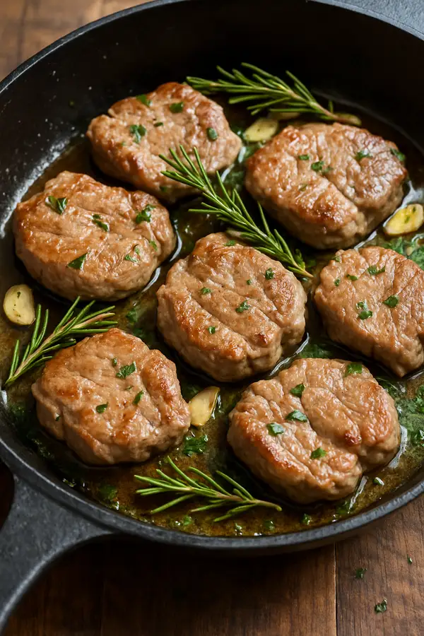 Light-sautéed veal medallions with herbs in a skillet, shown as a gentle red meat option often preferred during pregnancy.