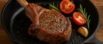 Pan-seared lamb chop with tomatoes and rosemary, illustrating safe red-meat options for pregnant women.