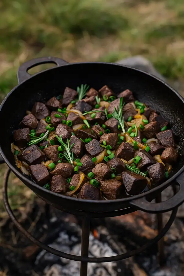 Outdoor saj-cooked jiz-biz made from liver and diced beef heart, presented as a traditional red meat dish sometimes discussed during pregnancy.