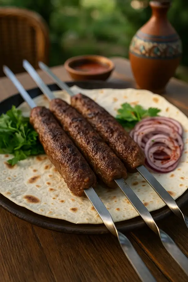 Azerbaijani lamb lyulya kebabs on skewers over lavash outdoors, shown as a rich red meat dish occasionally considered during pregnancy.