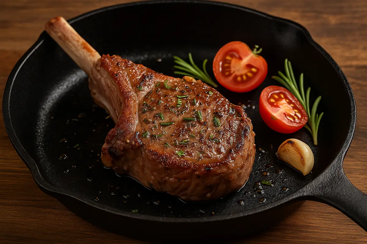Pan-seared lamb chop with tomatoes and rosemary, illustrating safe red-meat options for pregnant women.