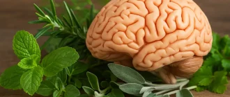 Brain with herbs that support memory, focus, and mental clarity: mint, rosemary, sage, parsley
