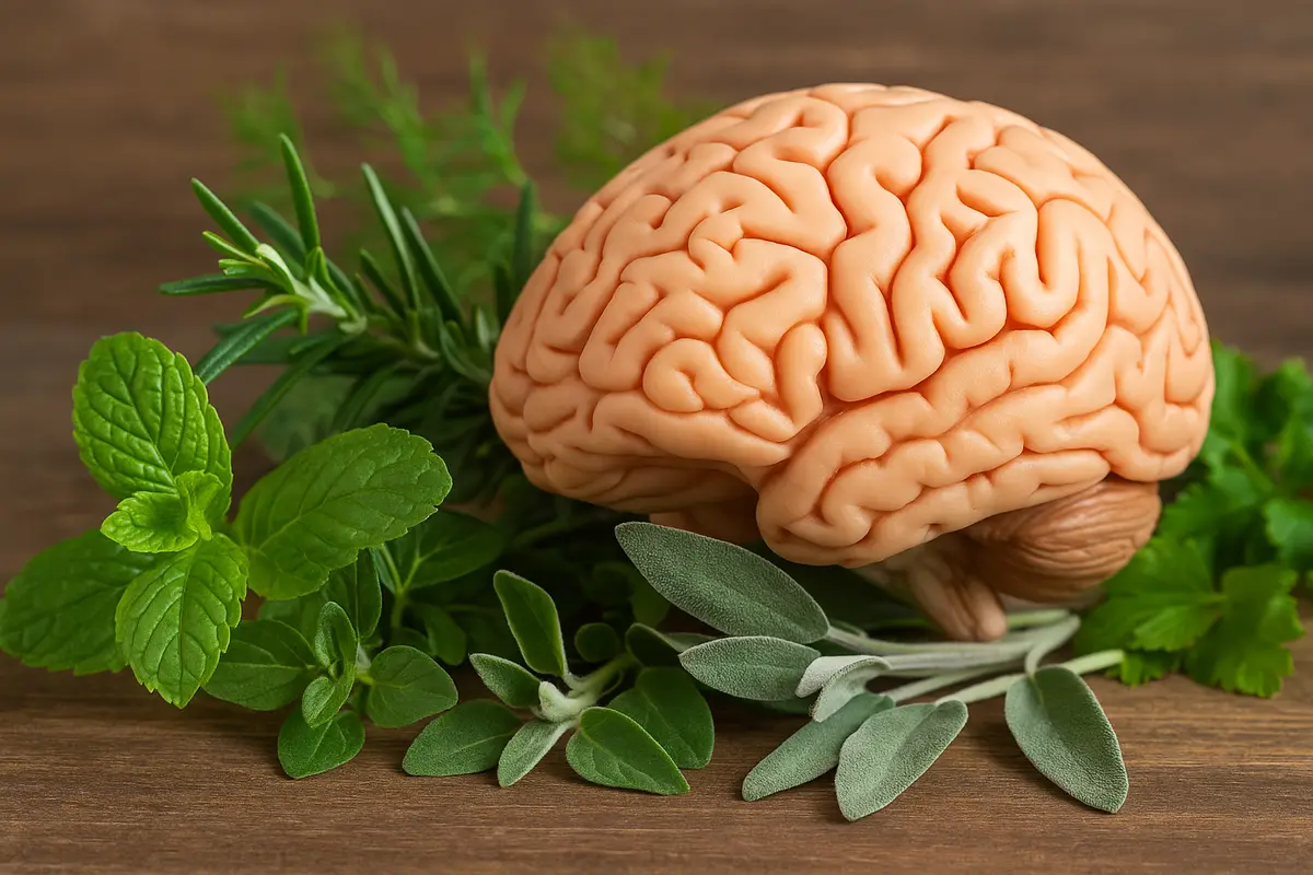 Brain with herbs that support memory, focus, and mental clarity: mint, rosemary, sage, parsley