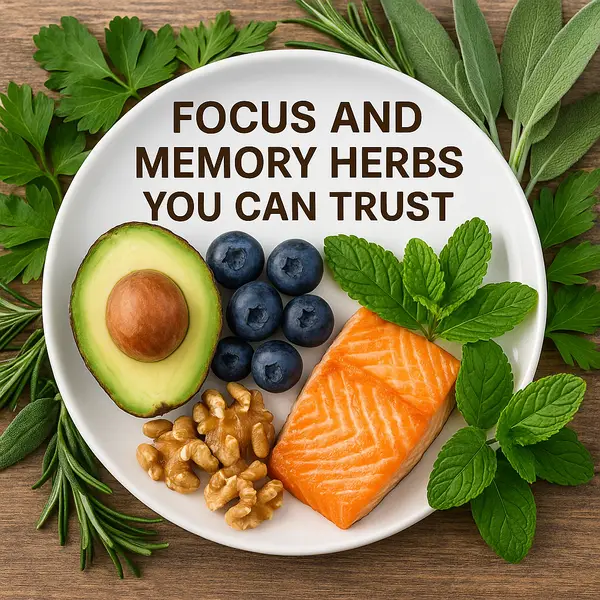 Brain-boosting foods on a plate with herbs: salmon, avocado, blueberries, walnuts, mint, rosemary, parsley, sage.