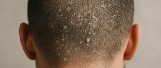 Close-up of a man’s buzzed scalp with visible dry, flaky skin on the crown — showing symptoms of dead skin buildup.