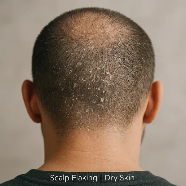 Close-up of a man’s buzzed scalp with visible dry, flaky skin on the crown — showing symptoms of dead skin buildup.