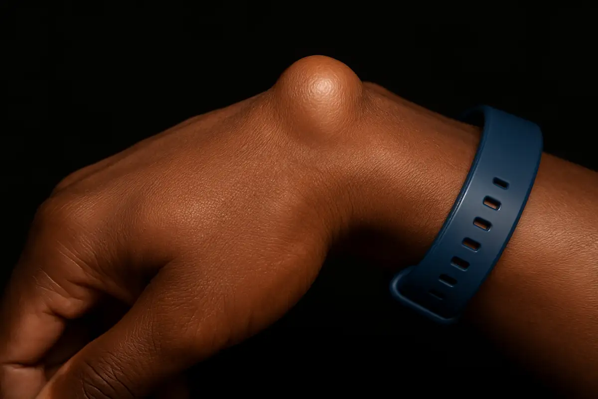 Subcutaneous wrist cyst on dark skin, non-surgical treatment example, ganglion cyst removal options.