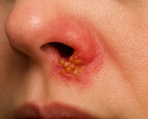 Close-up of nasal herpes (HSV-1) showing clustered blisters and inflammation around nostrils during an active outbreak phase.