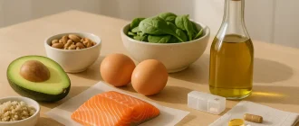 Nutrient-rich foods for postpartum hormone balance including avocado, salmon, eggs, nuts, spinach, quinoa, olive oil, and supplements arranged on a clean kitchen table in natural daylight.