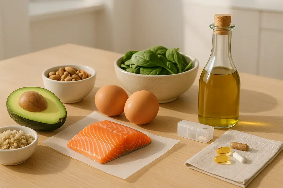 Nutrient-rich foods for postpartum hormone balance including avocado, salmon, eggs, nuts, spinach, quinoa, olive oil, and supplements arranged on a clean kitchen table in natural daylight.