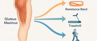 Diagram of gluteal muscle with arrows showing energy expenditure, surrounded by exercise icons for resistance band, treadmill, and stepper.