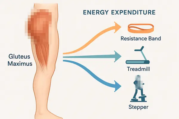 Diagram of gluteal muscle with arrows showing energy expenditure, surrounded by exercise icons for resistance band, treadmill, and stepper.