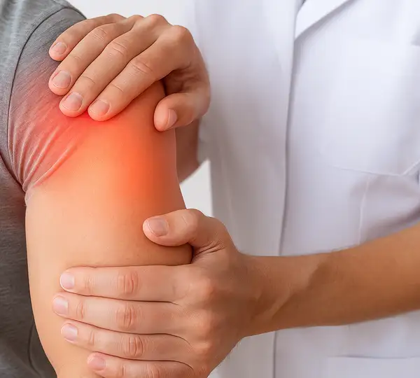 A close-up view of a physiotherapist performing passive range of motion (ROM) therapy on a male patient’s shoulder.
