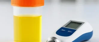 A urine sample container and a digital refractometer used to measure urine specific gravity