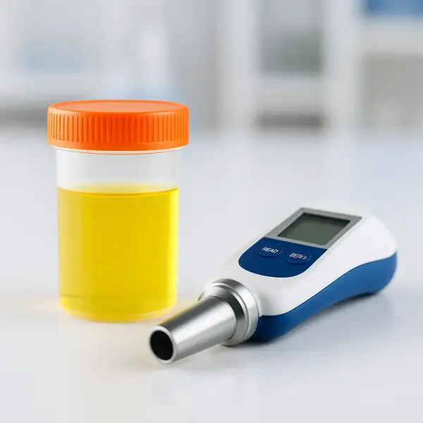 A urine sample container and a digital refractometer used to measure urine specific gravity