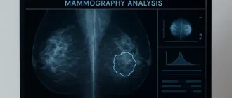 Diagnostic mammography screen showing medical imaging used to identify and analyze traumatic fat necrosis in breast tissue.