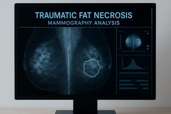 Diagnostic mammography screen showing medical imaging used to identify and analyze traumatic fat necrosis in breast tissue.