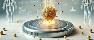 Conceptual digital illustration of gold nanoparticles clustering around a glowing cancer cell while targeted radiation beams are applied, representing advanced nanoparticle-assisted radiotherapy.