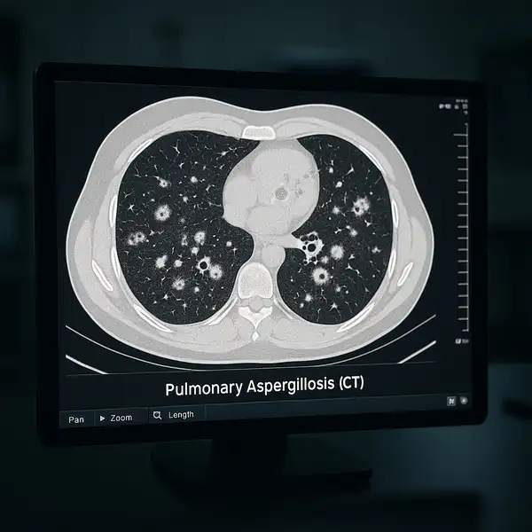 CT scan of lungs with signs of pulmonary aspergillosis — fungal infection imaging for early diagnosis awareness.