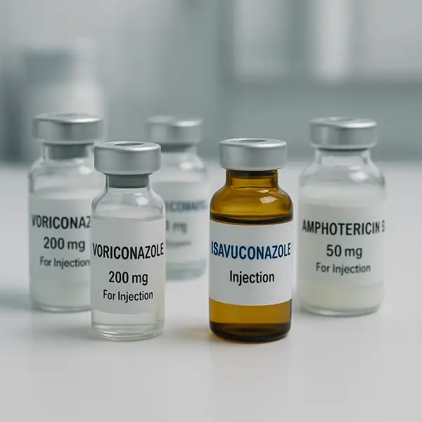 Antifungal treatment options displayed in sterile vials — aspergillus infection medications for clinical use.