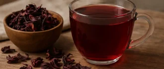Glass cup of hibiscus tea with dried hibiscus flowers on rustic wooden table