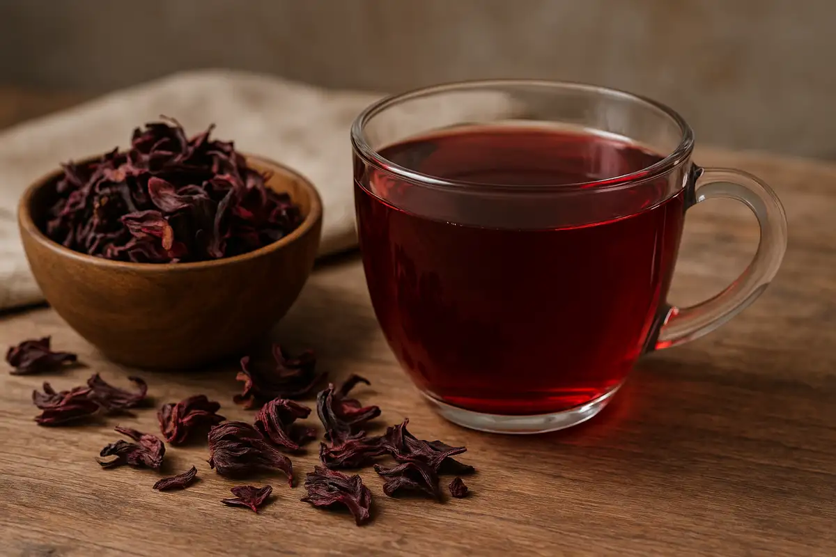 Glass cup of hibiscus tea with dried hibiscus flowers on rustic wooden table