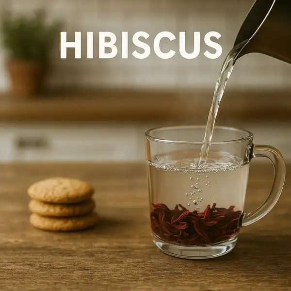 Glass mug with hibiscus petals being steeped in clear hot water next to cookies on wooden table