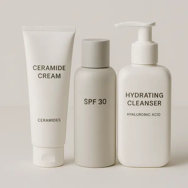 skincare products with ceramide cream, SPF 30, and hydrating cleanser 
