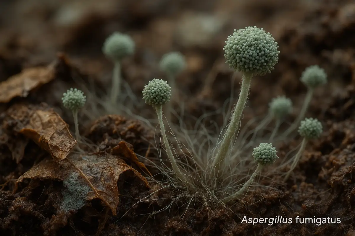 Aspergillus fumigatus spores on compost — close-up image of mold on decaying organic matter for fungal infection awareness.
