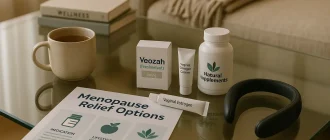 Modern menopause treatments including non-hormonal medication, vaginal estrogen, supplements, wearable cooling device, and wellness guide for symptom relief