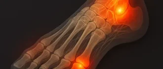 Anatomical illustration of right foot showing evening joint pain, with inflamed toe and ankle joints highlighted in red, representing conditions like arthritis, plantar fasciitis, and gout.