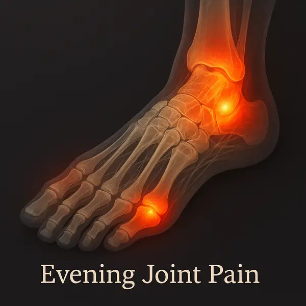 Anatomical illustration of right foot showing evening joint pain, with inflamed toe and ankle joints highlighted in red, representing conditions like arthritis, plantar fasciitis, and gout.