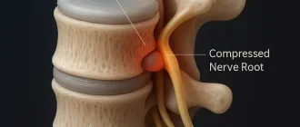 Detailed 3D medical illustration showing a herniated disc at the L4-L5 level compressing spinal nerve roots—one of the most common causes of sudden leg weakness and inability to stand. The compressed nerve is highlighted in red, helping explain how spinal issues can lead to collapsing legs or nerve-related mobility loss.