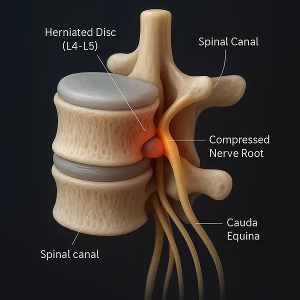 Detailed 3D medical illustration showing a herniated disc at the L4-L5 level compressing spinal nerve roots—one of the most common causes of sudden leg weakness and inability to stand. The compressed nerve is highlighted in red, helping explain how spinal issues can lead to collapsing legs or nerve-related mobility loss.