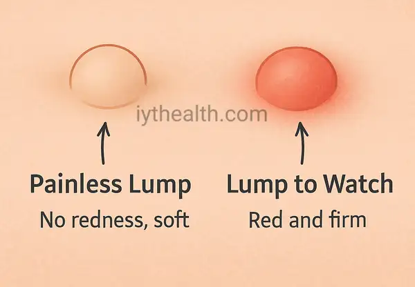 Educational medical illustration comparing painless lump near anus in women with inflamed anal bump, showing color, texture, and warning signs.