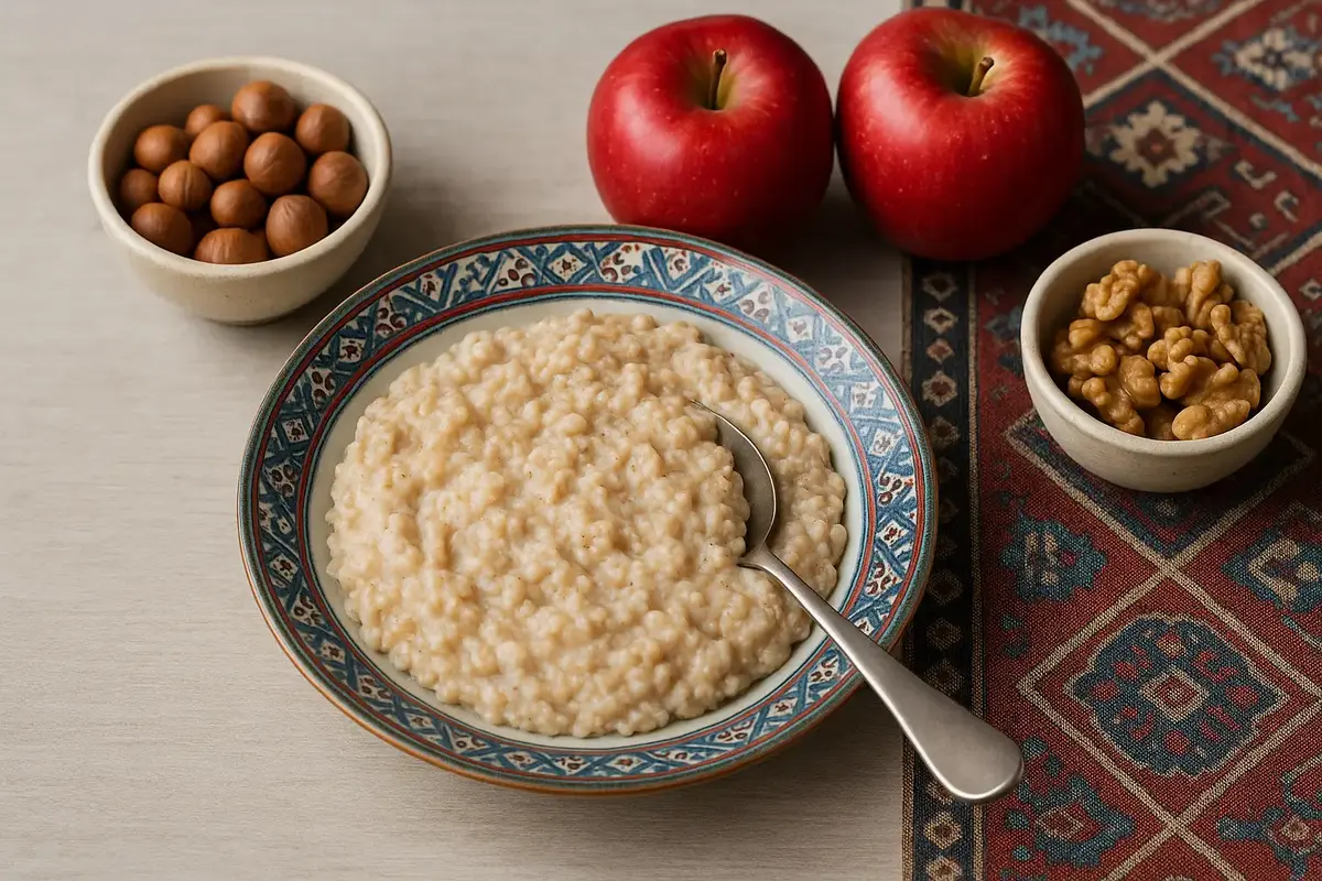 A wholesome bowl of oatmeal with red apples and nuts — nutrient-rich foods that naturally support liver health.