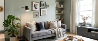 A modern living room with sage green walls, a gray velvet sofa with textured pillows, a black floor lamp, and a curated gallery wall. The space features budget-friendly decor like a wooden coffee table with a tray, indoor plants, and floor-to-ceiling curtains.