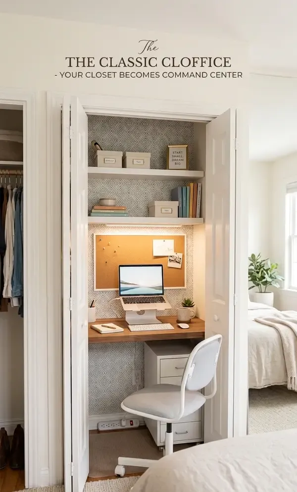 A vertical shot of a stylish home office built inside a white closet. Features wooden desk, floating shelves with books, a corkboard, and a laptop. The workspace is tucked away next to a bed in a bright room.