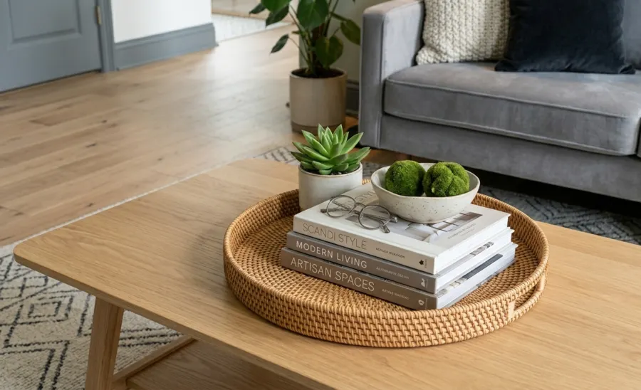 A close-up shot of a styled light wood coffee table in the modern living room. A round woven tray is placed on the table, holding a curated arrangement: a stack of large coffee table books, a small potted succulent, and a ceramic bowl with moss balls. The background shows a portion of the grey velvet sofa and the Monstera plant from image_0.png.
