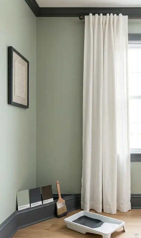 Vertical shot of a room corner showing a professional paint update. Sage green walls contrast with dark charcoal gray painted baseboards and crown molding. A paint tray, brush, and color swatches sit on the light wood floor next to cream linen curtains.