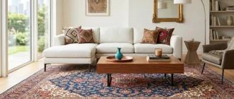 A modern living room with floor-to-ceiling windows features a large blue and red Persian rug, a white sofa, a wooden coffee table, and a decorative mirror.