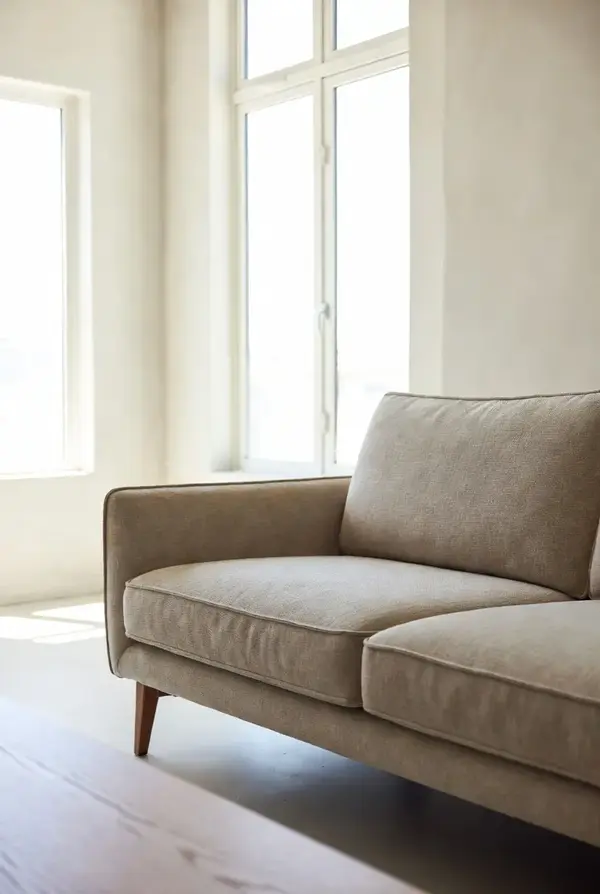 Bright modern living room with a fresh timeless beige sofa featuring clean straight lines, slim arms and elegant tapered legs. Light, airy and inspiring interior.