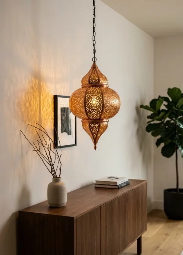 Vertical photo showing a handcrafted Persian hammered copper pendant light casting beautiful golden, ornate shadow patterns onto a modern off-white wall.