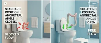 Infographic comparing the standard sitting position versus the squatting position with a footstool to straighten the anorectal angle for faster bowel movements.